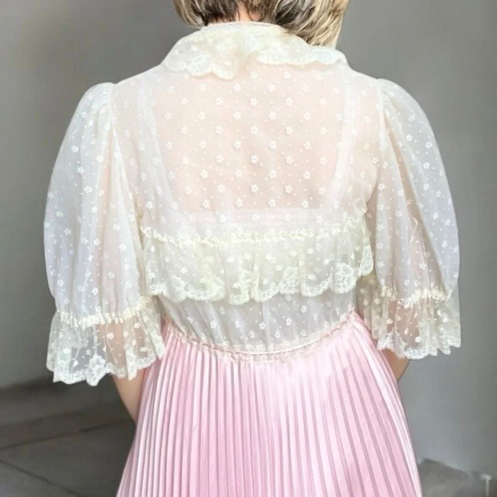 Vintage 70s Pink Satin Lace Peignoir Set Slip Dress & Robe Romantic Edwardian - Picture 4 of 16